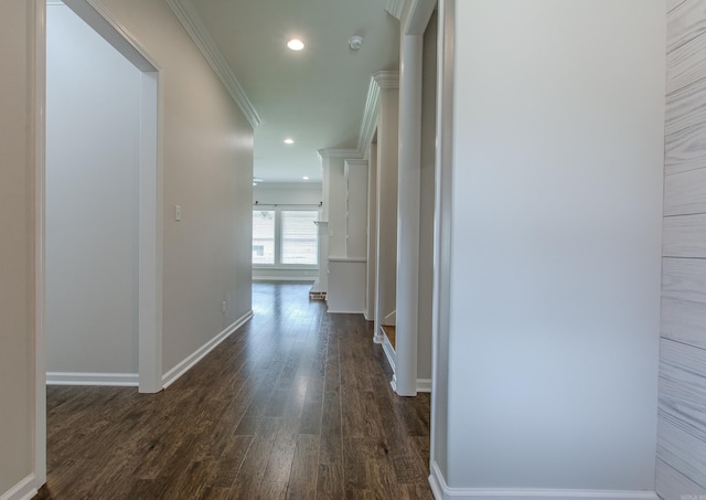 5045 Maple Leaf Dr, Benton, AR 72019 - corridor featuring crown molding, dark wood-style floors, baseboards, and recessed lighting
