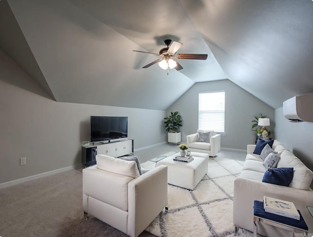 5045 Maple Leaf Dr, Benton, AR 72019 - carpeted living room with lofted ceiling, a ceiling fan, and baseboards