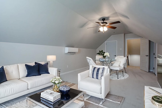 5045 Maple Leaf Dr, Benton, AR 72019 - living room with an AC wall unit, light carpet, vaulted ceiling, a ceiling fan, and baseboards