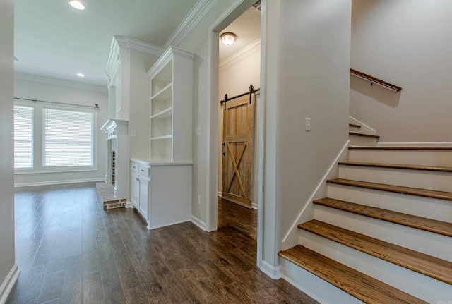 5045 Maple Leaf Dr, Benton, AR 72019 - stairs featuring ornamental molding, a barn door, baseboards, wood finished floors, and recessed lighting