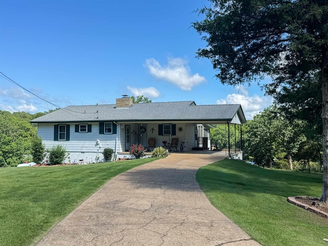 87 Wyandotte Dr, Cherokee Village, AR 72529 - ranch-style home with concrete driveway, covered porch, a chimney, and a front lawn