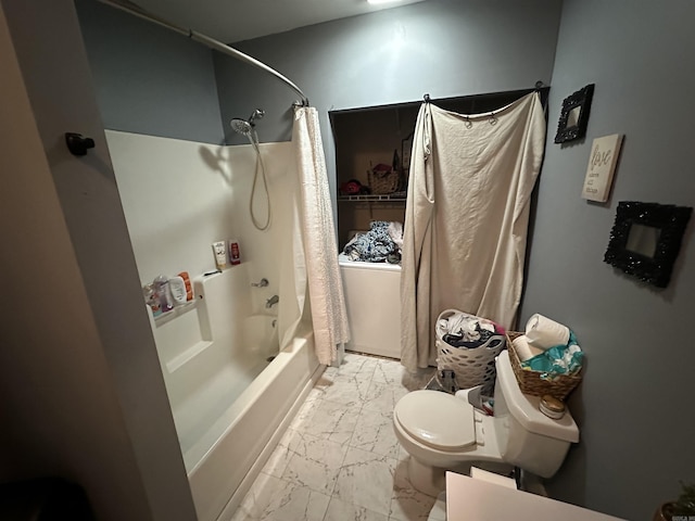 621 W 7th St, Rector, AR 72461 - bathroom with marble finish floors, toilet, and shower / bathtub combination with curtain
