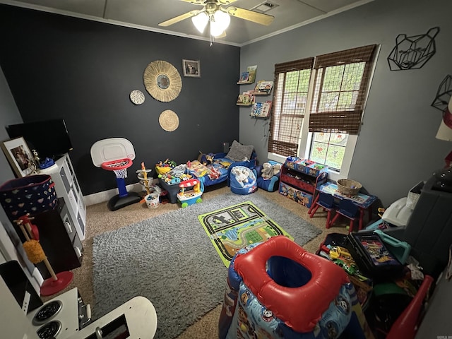 621 W 7th St, Rector, AR 72461 - playroom featuring a ceiling fan, carpet, and ornamental molding