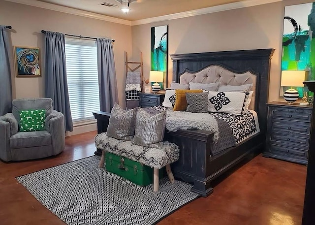 bedroom featuring crown molding and multiple windows