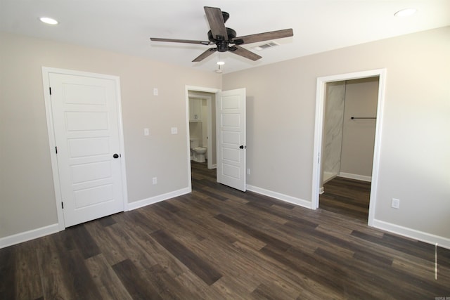 308 N Arch St, Sheridan, AR 72150 - unfurnished bedroom featuring dark wood finished floors, baseboards, recessed lighting, a ceiling fan, and a closet