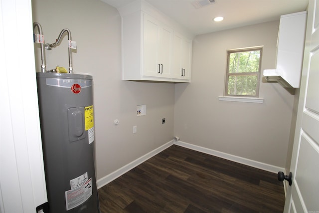 308 N Arch St, Sheridan, AR 72150 - laundry room with water heater, cabinet space, dark wood finished floors, baseboards, and electric dryer hookup