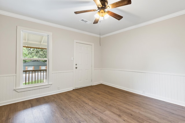 2506 W 6th St, Little Rock, AR 72205 - spare room with wainscoting, wood finished floors, crown molding, and ceiling fan