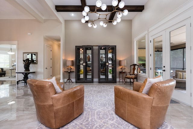 20 Accadia Ct, Little Rock, AR 72223 - living room featuring beam ceiling, a chandelier, marble finish floors, coffered ceiling, and french doors