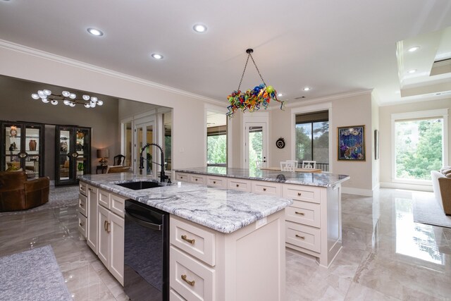 20 Accadia Ct, Little Rock, AR 72223 - kitchen with a center island with sink, black dishwasher, light marble finish floors, a sink, and crown molding
