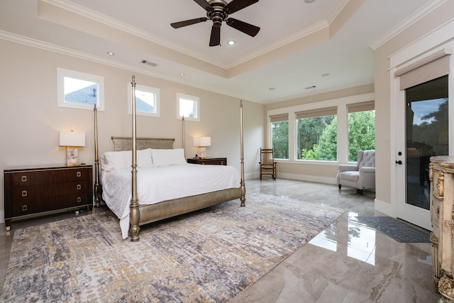 20 Accadia Ct, Little Rock, AR 72223 - bedroom featuring a tray ceiling, multiple windows, crown molding, marble tiled flooring, and recessed lighting