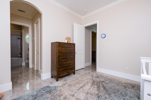 20 Accadia Ct, Little Rock, AR 72223 - spare room featuring crown molding, arched walkways, baseboards, and marble finish flooring