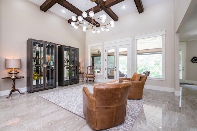 20 Accadia Ct, Little Rock, AR 72223 - living area with marble tiled floors, baseboards, beamed ceiling, french doors, and a chandelier