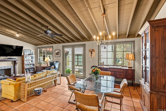1729 N Spruce, Little Rock, AR 72207 - dining space featuring french doors, light tile patterned flooring, a chandelier, a fireplace, and wood ceiling