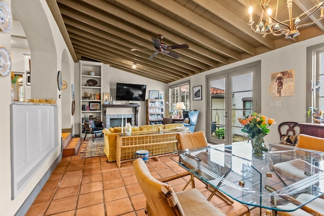 1729 N Spruce, Little Rock, AR 72207 - dining room with a fireplace, a chandelier, light tile patterned flooring, wood ceiling, and ceiling fan