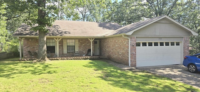 203 Creekwood Dr, Jacksonville, AR 72076 - single story home with gravel driveway, a front lawn, brick siding, and an attached garage