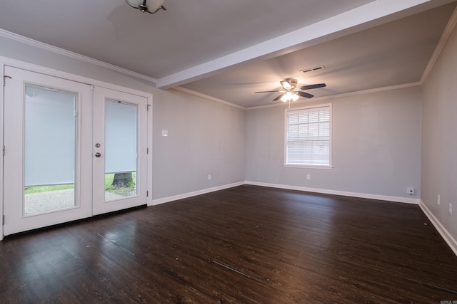 708 N Taylor St, Little Rock, AR 72205 - unfurnished room with dark wood finished floors, french doors, baseboards, ornamental molding, and a ceiling fan