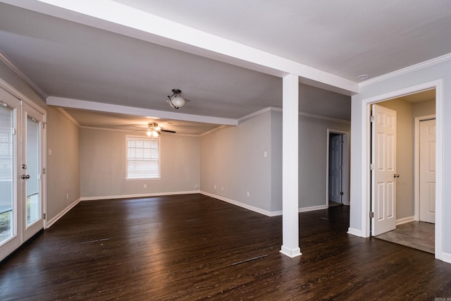 708 N Taylor St, Little Rock, AR 72205 - unfurnished living room with ornamental molding, dark wood-type flooring, baseboards, and a ceiling fan