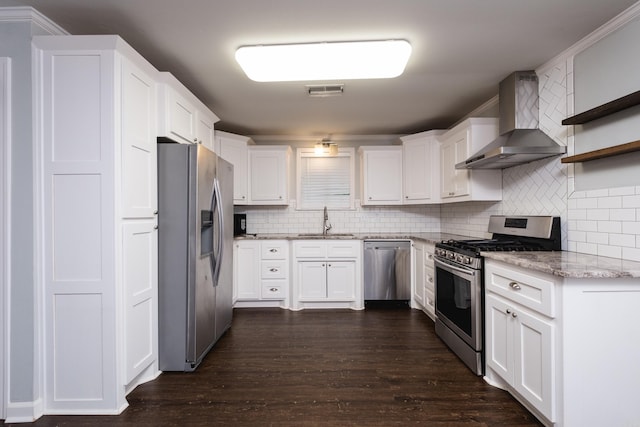 708 N Taylor St, Little Rock, AR 72205 - kitchen featuring stainless steel appliances, wall chimney range hood, a sink, tasteful backsplash, and white cabinetry