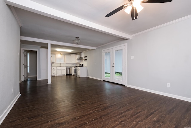 708 N Taylor St, Little Rock, AR 72205 - unfurnished living room featuring a ceiling fan, baseboards, dark wood-style flooring, french doors, and crown molding