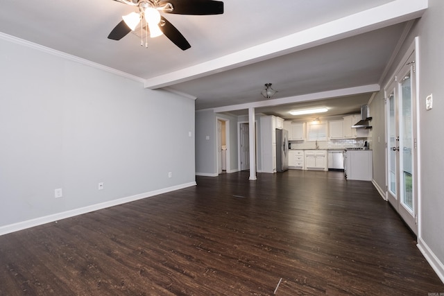 708 N Taylor St, Little Rock, AR 72205 - unfurnished living room featuring dark wood finished floors, baseboards, a ceiling fan, ornamental molding, and a sink