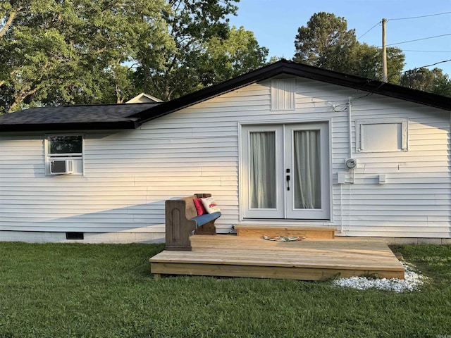 810 N Pear St, Searcy, AR 72143 - rear view of house with a lawn, a wooden deck, cooling unit, french doors, and crawl space