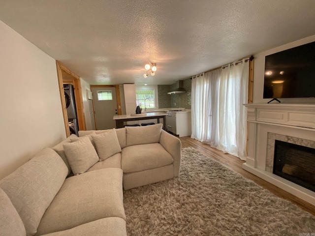 810 N Pear St, Searcy, AR 72143 - living area with light wood finished floors, a tile fireplace, a textured ceiling, and stacked washer / drying machine