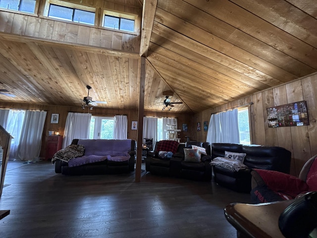 4579 Bayou Access Rd, Mammoth Spring, AR 72554 - living room featuring wood ceiling, wooden walls, a ceiling fan, plenty of natural light, and hardwood / wood-style floors