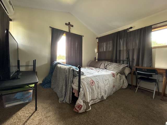 4579 Bayou Access Rd, Mammoth Spring, AR 72554 - bedroom with a wall unit AC, vaulted ceiling, and carpet