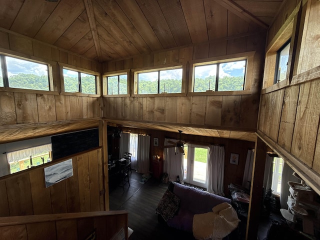 4579 Bayou Access Rd, Mammoth Spring, AR 72554 - living area featuring wood walls, wooden ceiling, ceiling fan, and dark wood-style floors