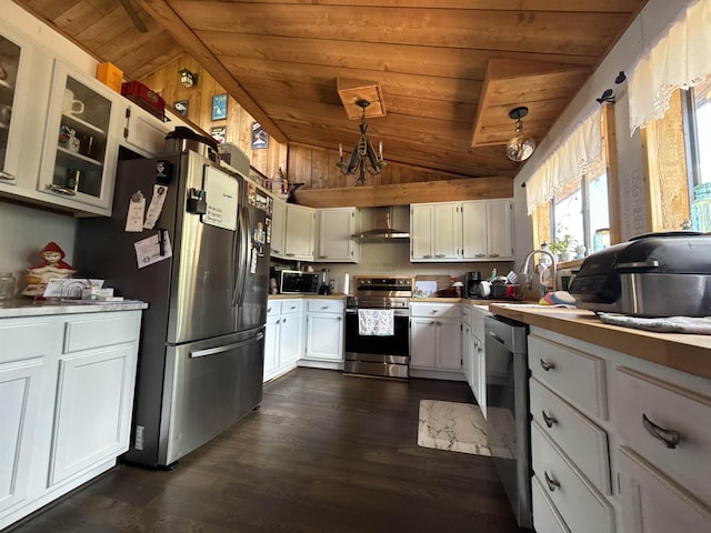 4579 Bayou Access Rd, Mammoth Spring, AR 72554 - kitchen featuring stainless steel appliances, lofted ceiling, wood ceiling, wall chimney range hood, and dark wood finished floors