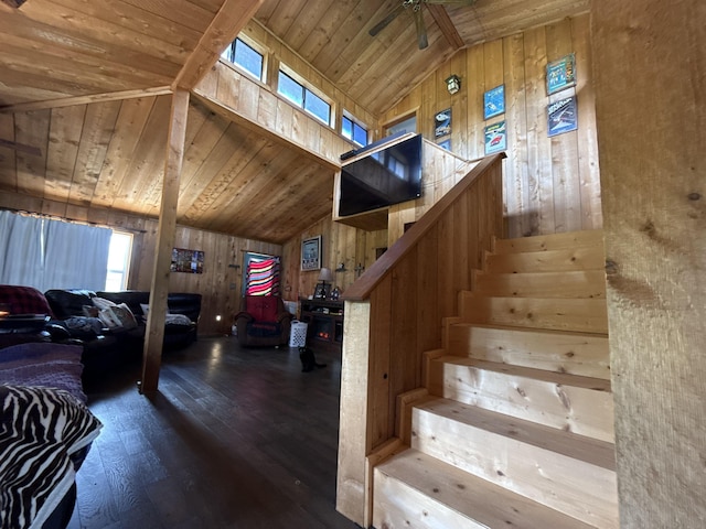 4579 Bayou Access Rd, Mammoth Spring, AR 72554 - stairway featuring wooden walls, wooden ceiling, hardwood / wood-style floors, a ceiling fan, and high vaulted ceiling