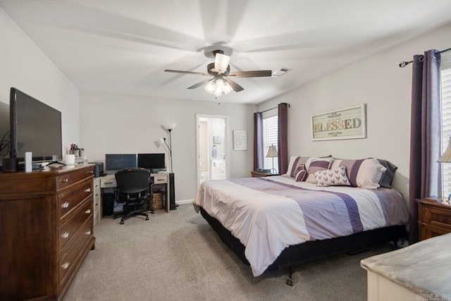 1449 Woolridge Dr, Benton, AR 72019 - bedroom featuring a desk, light colored carpet, a ceiling fan, and ensuite bathroom