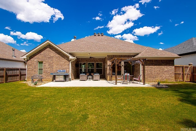 1449 Woolridge Dr, Benton, AR 72019 - rear view of property featuring brick siding, ceiling fan, a patio area, and outdoor lounge area