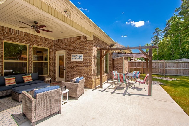 1449 Woolridge Dr, Benton, AR 72019 - view of patio featuring ceiling fan, an outdoor living space, a pergola, and outdoor dining area