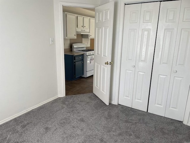1117 Troy Dr, Benton, AR 72019 - kitchen with white gas stove, under cabinet range hood, dark carpet, baseboards, and dark tile patterned flooring