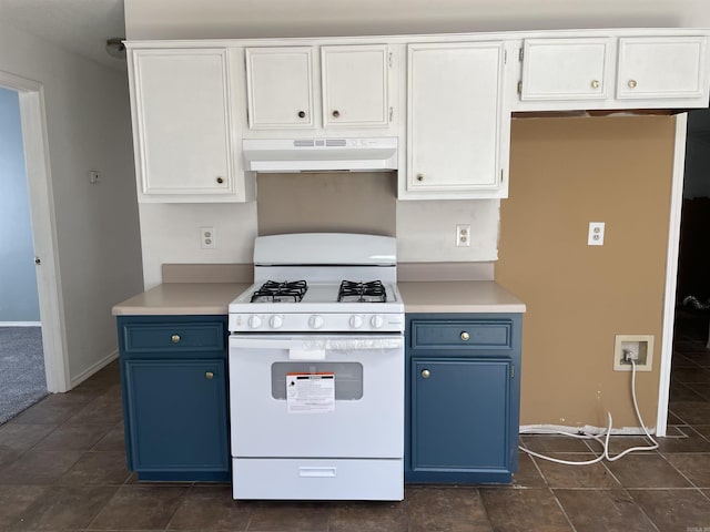 1117 Troy Dr, Benton, AR 72019 - kitchen featuring under cabinet range hood, white range with gas stovetop, blue cabinets, and white cabinetry