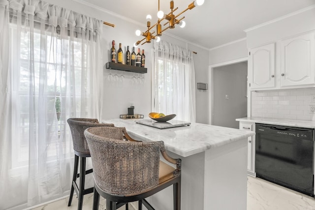 7521 Gable, Little Rock, AR 72205 - kitchen featuring black dishwasher, white cabinets, crown molding, a chandelier, and tasteful backsplash