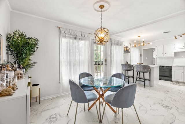 7521 Gable, Little Rock, AR 72205 - dining room featuring a chandelier, light marble finish floors, baseboards, and crown molding