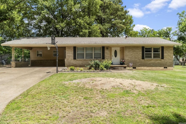 ranch-style house featuring crawl space, brick siding, concrete driveway, an attached carport, and a front lawn