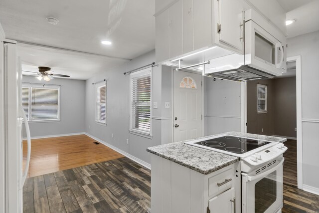 kitchen featuring white appliances, dark wood-style flooring, white cabinets, ceiling fan, and recessed lighting