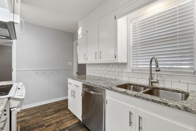 kitchen with dishwasher, a sink, dark wood-style flooring, electric range, and white cabinetry
