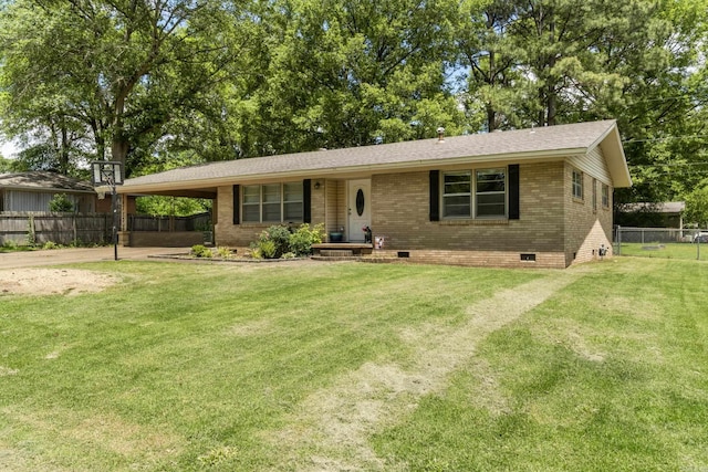 single story home with crawl space, brick siding, an attached carport, a shingled roof, and concrete driveway