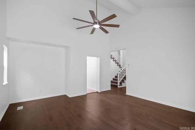 3 Poydras Dr, Little Rock, AR 72211 - unfurnished room featuring ceiling fan, stairway, wood finished floors, high vaulted ceiling, and beamed ceiling