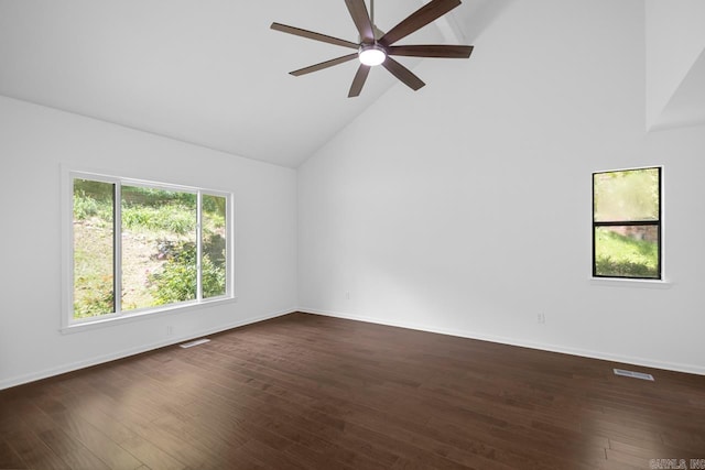 3 Poydras Dr, Little Rock, AR 72211 - empty room with a ceiling fan, high vaulted ceiling, dark wood-type flooring, and baseboards