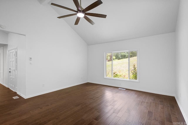 3 Poydras Dr, Little Rock, AR 72211 - unfurnished room featuring ceiling fan, high vaulted ceiling, dark wood-type flooring, baseboards, and beamed ceiling