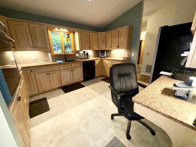 office area with a sink and lofted ceiling