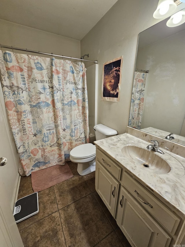 216 Plum Dr, Austin, AR 72023 - bathroom with toilet, vanity, tile patterned floors, and curtained shower