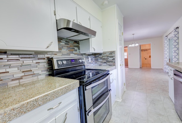3508 Jack Mann Rd, Little Rock, AR 72210 - kitchen featuring stainless steel appliances, under cabinet range hood, backsplash, light countertops, and a chandelier