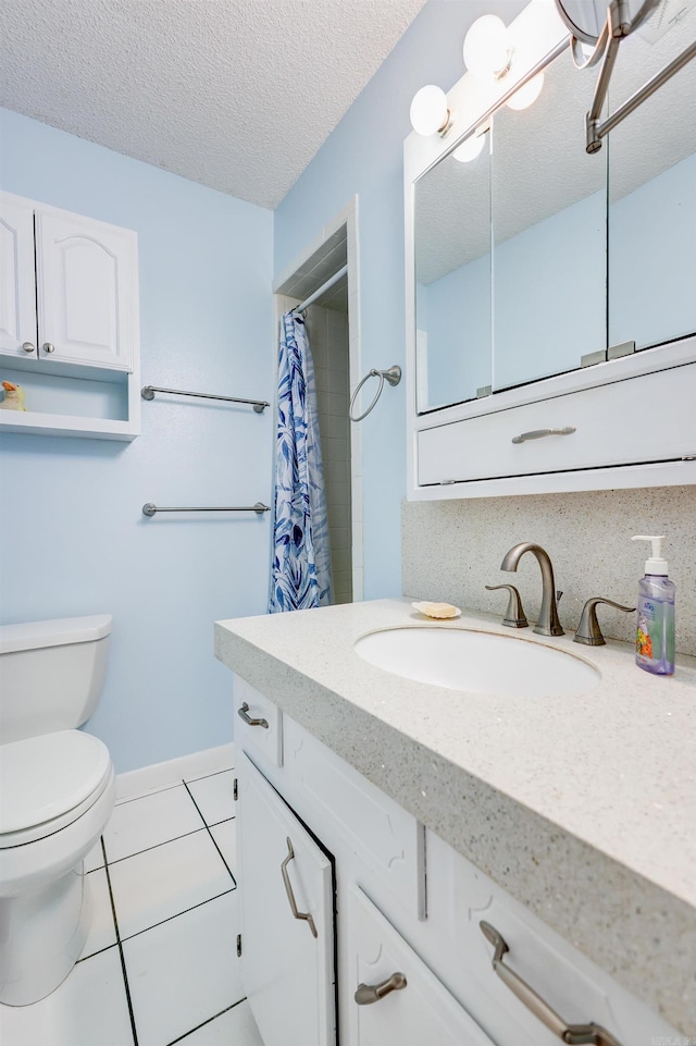 3508 Jack Mann Rd, Little Rock, AR 72210 - full bathroom with tile patterned flooring, toilet, vanity, a textured ceiling, and curtained shower