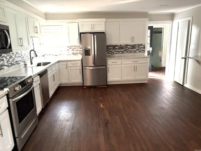 301 Coil, Steele, MO 63877 - kitchen featuring stainless steel appliances, a sink, dark wood-style flooring, crown molding, and backsplash